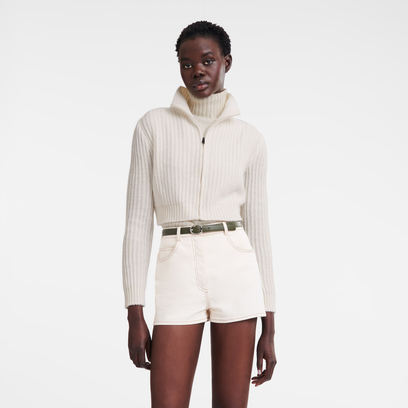 Longchamp | Zip collar short cardigan Ecru - Knit | Ecru